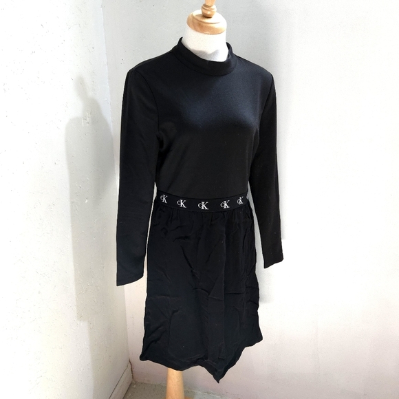 Calvin Klein |  Black Long Sleeve Dress Midi - Picture 1 of 12